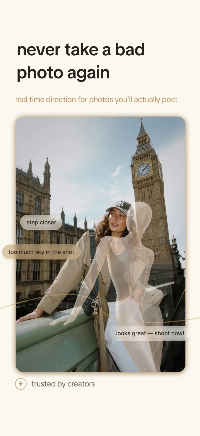App Store screenshot: never take a bad photo again, real-time direction for photos you will actually post