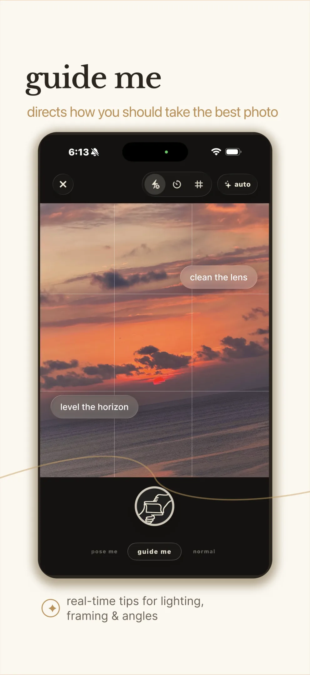 Guide Me shows live tips for lighting, framing, and angles